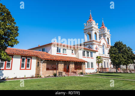 Five Wounds Portuguese National Church, the Portuguese parish in San Jose, San Francisco bay area, California; blue sky background Stock Photo