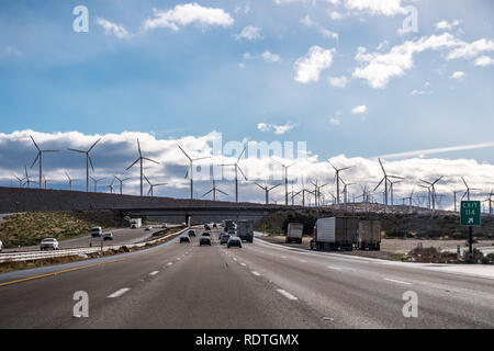 Driving on the interstate towards Palm Springs; Wind turbines installed at the entrance to Coachella Valley; Los Angeles county; Riverside county; sou Stock Photo