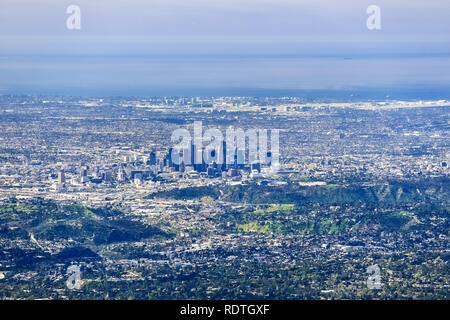 Aerial view of the downtown Los Angeles; LA airport and the Pacific Ocean coastline in the background; south California Stock Photo