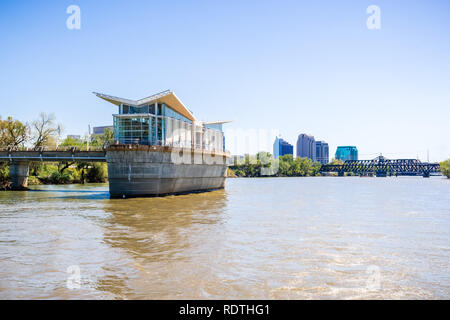 The new and modern Sacramento River Intake Facility; the city's skyline in the background, California Stock Photo