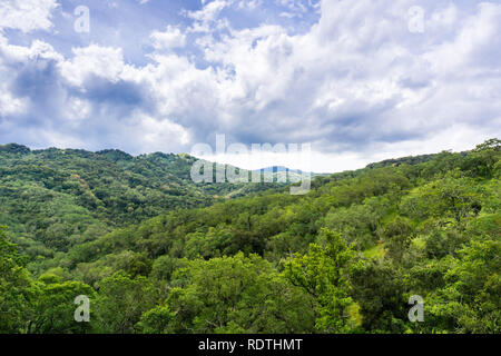 Beautiful view of the green hills covered in forests and dramatic clouds, Santa Cruz mountains, south of San Jose, San Francisco bay area, California Stock Photo