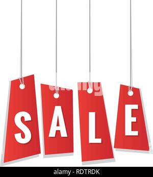 red sale tag hanging mobile heading design on white backdround for banner or poster. Sale and Discounts Concept. Vector illustration. Stock Vector