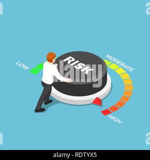 Flat 3d isometric businessman turning risk button to high position. Business risk concept. Stock Vector