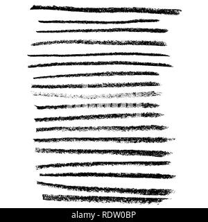 Chalk brushes set. Grunge stripes with chalk texture. Handdrawn design elements on white background. Vector illustration. Stock Vector