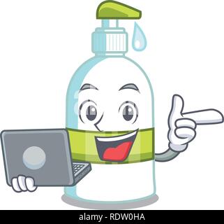 With laptop liquid soap in the character bottles Stock Vector