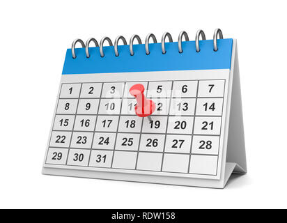 Red Pushpin on a Blue and White Desk Calendar on White Background 3D Illustration Stock Photo