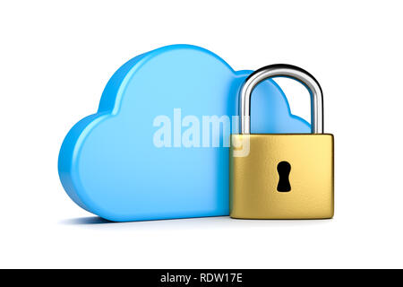 Blue Cloud with Metal Padlock 3D Illustration on White Background