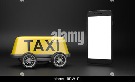 Yellow Taxi Roof Sign on Wheels and a White Screen Smartphone on Black Background 3D Illustration Stock Photo