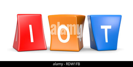 IOT White Text on Colorful Deformed Funny Cubes 3D Illustration on White Background, Internet Of Things Concept Stock Photo