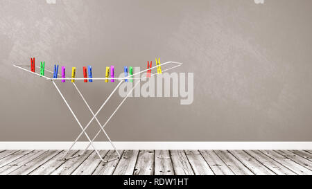 White Clothes Drying Rack with Colorful Clothespins on Wooden Floor Against Gray Wall with Copy Space 3D Illustration Stock Photo