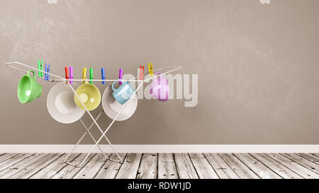 Crockery Hanging on White Clothes Drying Rack in a Gray Wall Room with Copy Space 3D Illustration, Domestic Chores Concept Stock Photo