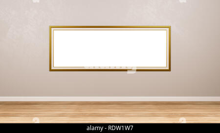 Classic Rectangular Panoramic Empty Golden Picture Frame at the Wall in the Room with Copyspace 3D Render Stock Photo