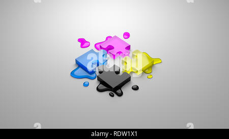 CMYK Four Colors Glassy Puzzle Pieces Combined with Ink Stains on Gray Background 3D Illustration,  Four-Color Process Concept Stock Photo