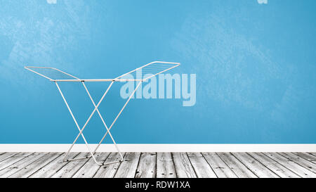 White Clothes Drying Rack on Wooden Floor Against Blue Wall with Copy Space 3D Illustration Stock Photo