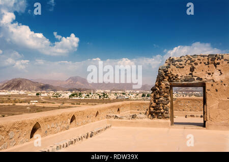 Terrace of the fort of Jabrin and in the background of Bahla and date crops (Oman) Stock Photo