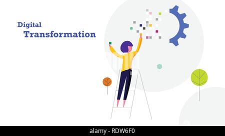 Digital transformation flat design background. Human fill in pixel data sticker to industrial gear train. Industry 4.0 and technology concept. Stock Vector
