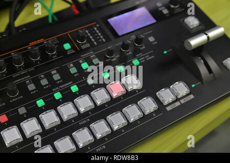 Audio and video production switcher, television, audio visual, a/v, buttons Stock Photo