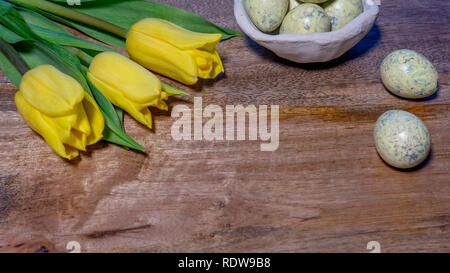 Wooden copy space decorated with yellow tulips and Quail eggs  - top view Stock Photo