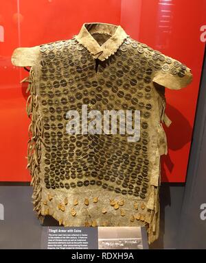 Armor with coins, Tlingit, collected in Alaska in mid 1800s, hide, puffin beaks, Chinese coins from 1644-1796 - Native American collection - Peabody Stock Photo