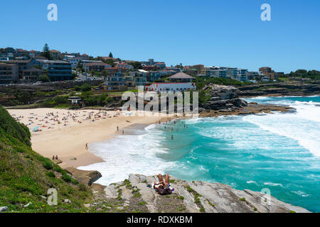 Distant view of full of people Tamarama beach in Sydney NSW Australia Stock Photo