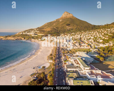 Camps Bay Beach aerial photo Africa, overlooking Lions Head. Stock Photo