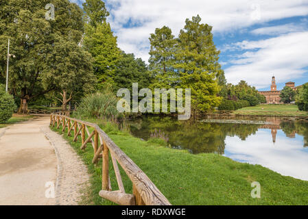 Large city park in Milan, Italy. Sempione park and Sforzesco castle Stock Photo