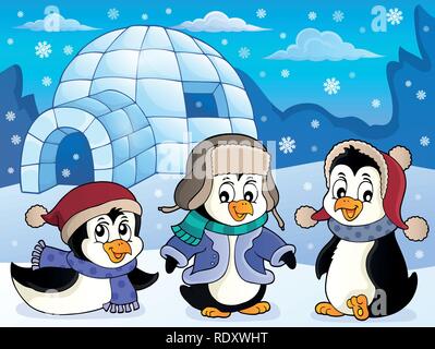 Igloo with penguins theme 4 - eps10 vector illustration. Stock Vector