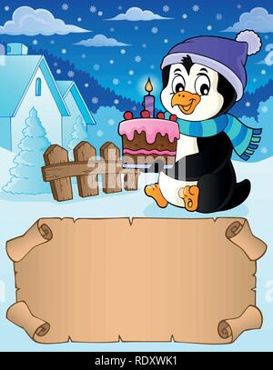 Small parchment and penguin with cake - eps10 vector illustration. Stock Vector
