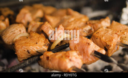 meat skewers on the barbecue coals. Barbecue in the open air. Shish kebab from pork on coals Stock Photo