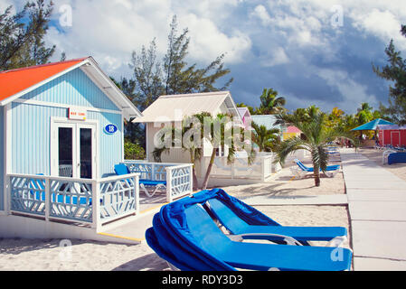 Princess Cays, Bahama Islands- January 8 ,2019.Colorful cabanas and  lounge chairs in the tropical island.For editorial use only Stock Photo