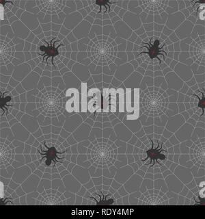 Spiders on Webs seamless pattern on gray background. halloween print 10 eps Stock Vector