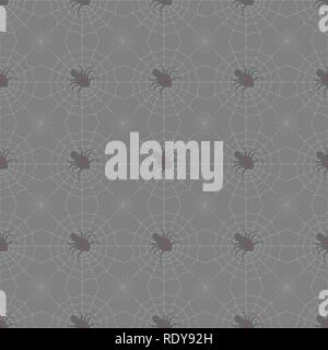 halloween print. seamless pattern Spiders on Webs on gray background. 10 eps Stock Vector
