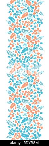 Blue and Orange Bold Exotic Foliage, Hibiscus Vertical Floral Vector Seamless Border. Lush Tropical Blooms on White Background. Floral Texture. Stock Vector