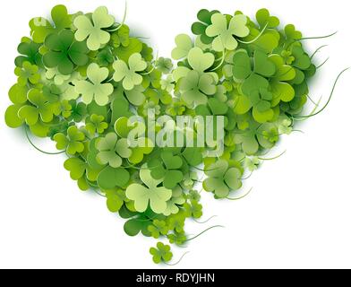 Heart shaped of bright green small shamrock leaves on white background Happy St. Patricks Day creative card. Vector illustration for wedding and greeting cards, for advertising. Stock Vector