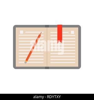 open notebook for writing with sheets in a ruler, a pencil and a ribbon tab. Flat image Stock Vector