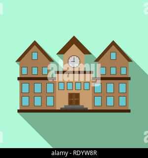 Color building icon with tower and clock, long shadow Stock Vector