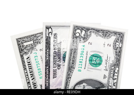 Macro close up shot with 1, 2 and 5 dollar on macro, isolated for your unique project. Stock Photo