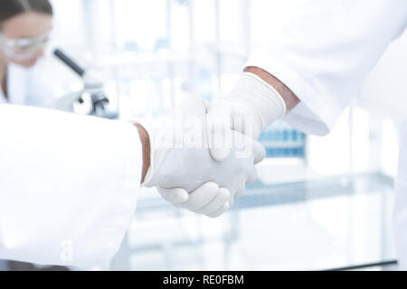Doctors in lab coats greeting each other with handshake Stock Photo