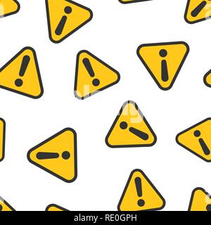 Exclamation mark icon seamless pattern background. Danger alarm vector illustration. Caution risk symbol pattern. Stock Vector