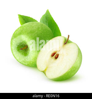 Isolated fruits. Cut green apples isolated on white background with clipping path Stock Photo