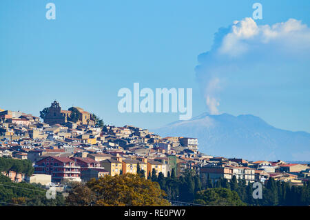 View of Mazzarino with the Mount Etna in the Background, Caltanissetta, Sicily, Italy, Europe Stock Photo