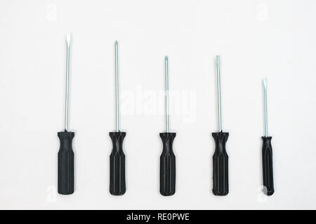 Top view of set of screwdrivers on white background. Stock Photo