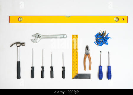 Flat lay of arranged screwdrivers with various tools and dowels with nails on white background Stock Photo
