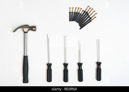 Top view of screwdrivers,hammer, screws and dowels on white backdrop Stock Photo