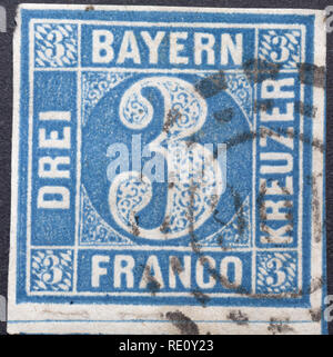 German stamp from Bavaria. Kreuzer. Stock Photo