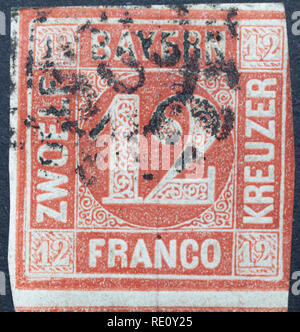 German stamp from Bavaria. Kreuzer. Stock Photo