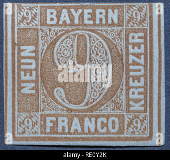 German stamp from Bavaria. Kreuzer. Stock Photo