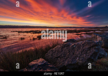 Color image of a beautiful sunrise overlooking Humboldt Bay in Northern California. Stock Photo