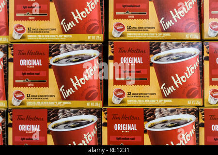 Packs of Tim Horton's coffee for sale in a Canadian supermarket. Stock Photo