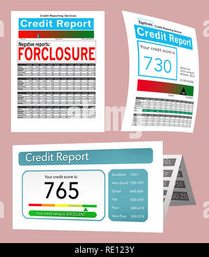 Three generic credit reports for use as a graphic resource are seen here. This is an illustration. Stock Photo